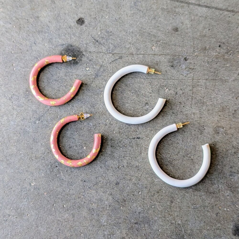 Handmade Pink and White Polymer Clay Hoop Earrings Set of Two NWOT